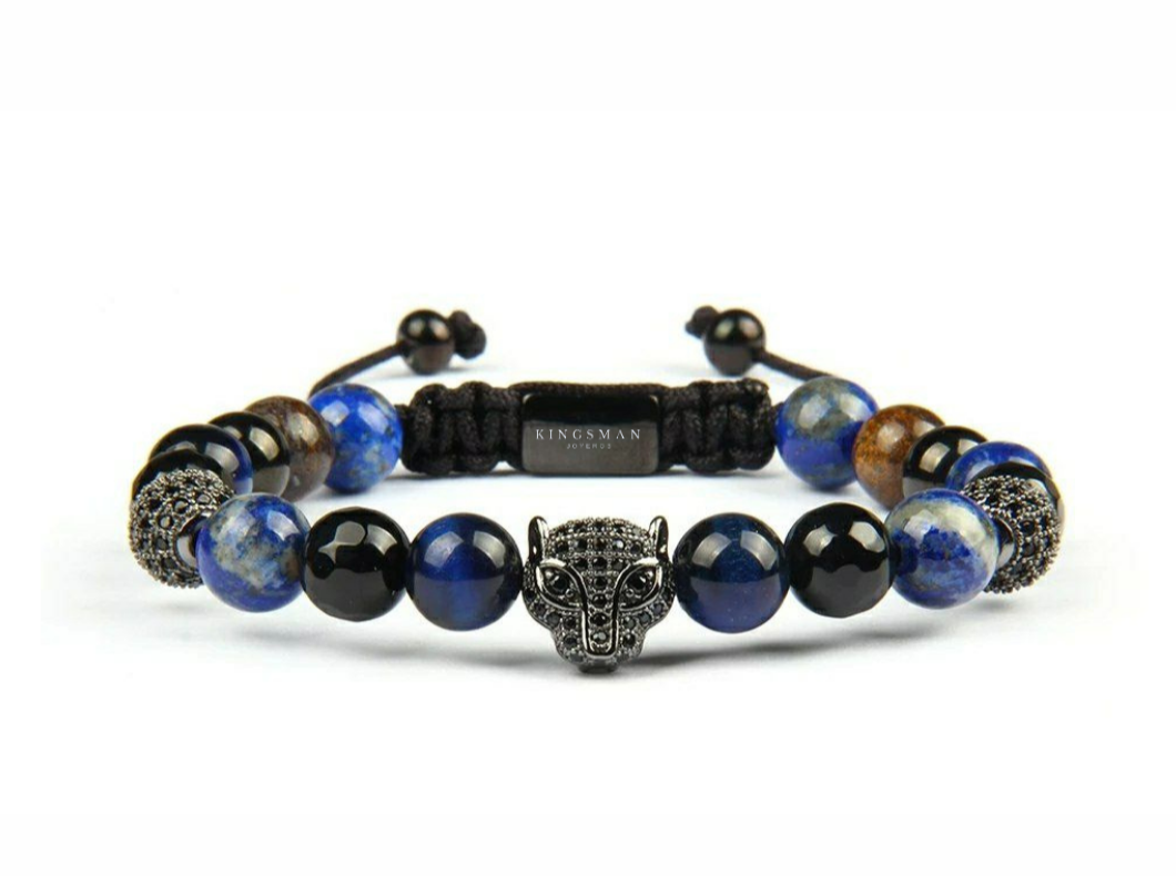 Jaguar Agata and Blue Tiger Eye Rhodium Bracelet