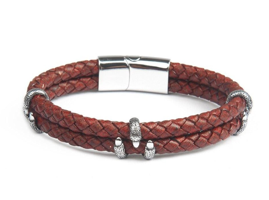 Crimson Tuscan Leather Double Layer Silver Bracelet