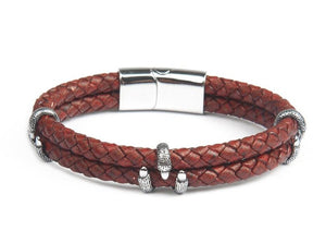 Crimson Tuscan Leather Double Layer Silver Bracelet