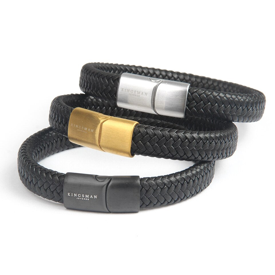 Black Leather and Rhodium Richmond Bracelet