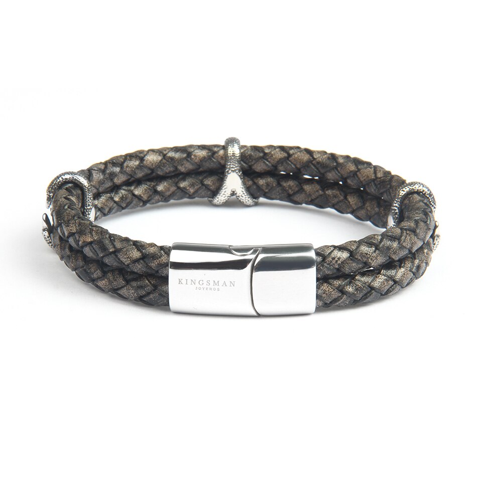 Gray Tuscan Leather Double Layer Silver Bracelet
