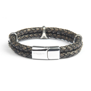 Gray Tuscan Leather Double Layer Silver Bracelet