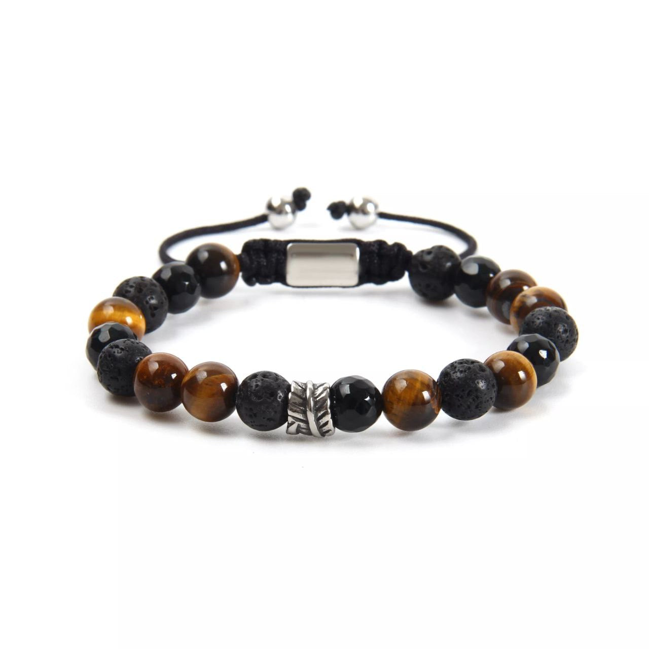 Faceted Agata Tiger Eye and Lava Stone Leaf Silver Bracelet