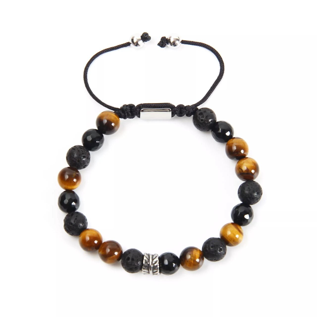 Faceted Agata Tiger Eye and Lava Stone Leaf Silver Bracelet