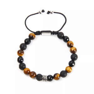 Faceted Agata Tiger Eye and Lava Stone Leaf Silver Bracelet