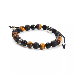 Faceted Agata Tiger Eye and Lava Stone Leaf Silver Bracelet