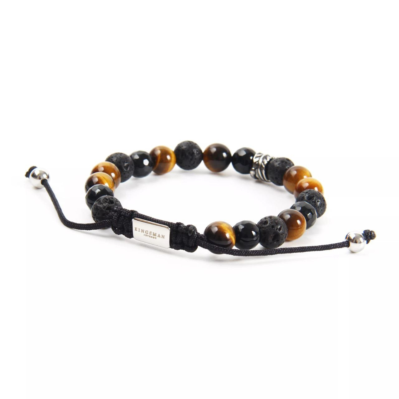 Faceted Agata Tiger Eye and Lava Stone Leaf Silver Bracelet