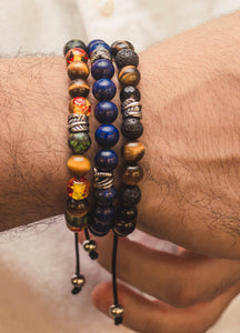 Faceted Agata Tiger Eye and Lava Stone Leaf Silver Bracelet