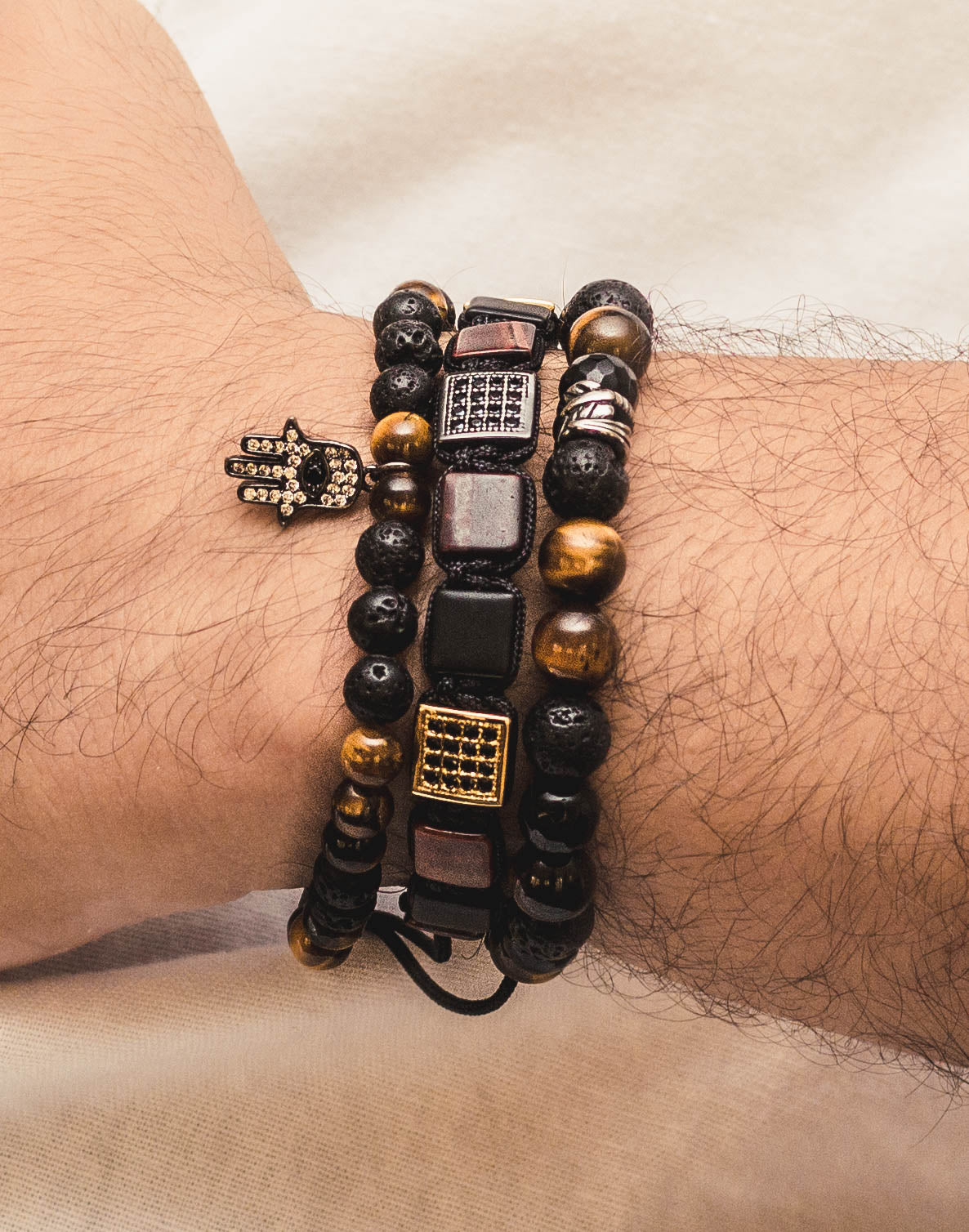 Jamsa Hand and Lava Stone Tiger Eye Bracelet
