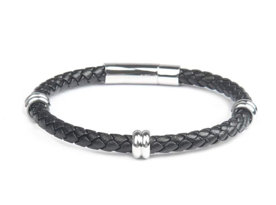 Black Leather Classic Silver Bracelet