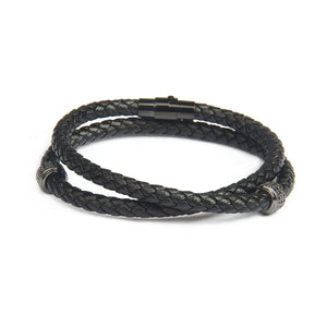 Rhodium Double Ring Leather Bracelet