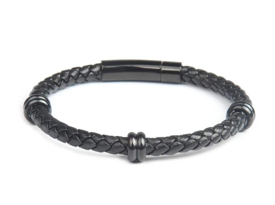 Black Leather Classic Rhodium Bracelet