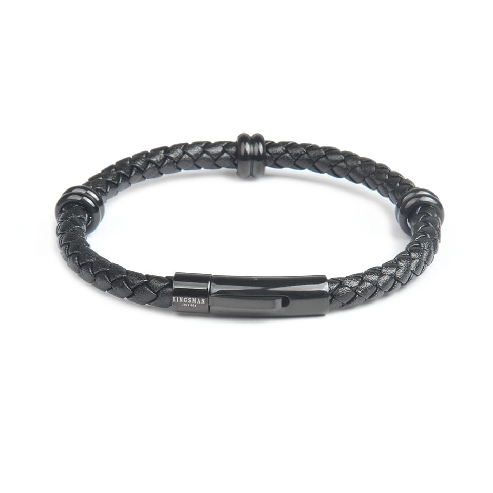 Black Leather Classic Rhodium Bracelet