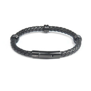 Black Leather Classic Rhodium Bracelet