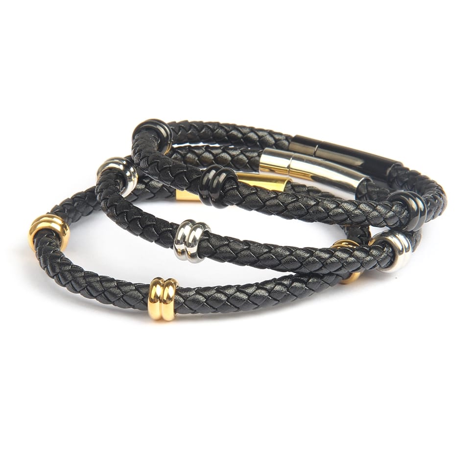 Black Leather Classic Rhodium Bracelet