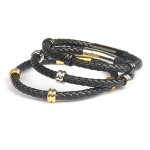 Black Leather Classic Rhodium Bracelet
