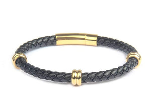 Black Leather Classic 18K Gold Bracelet