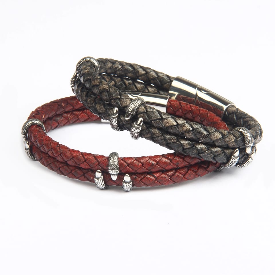 Crimson Tuscan Leather Double Layer Silver Bracelet