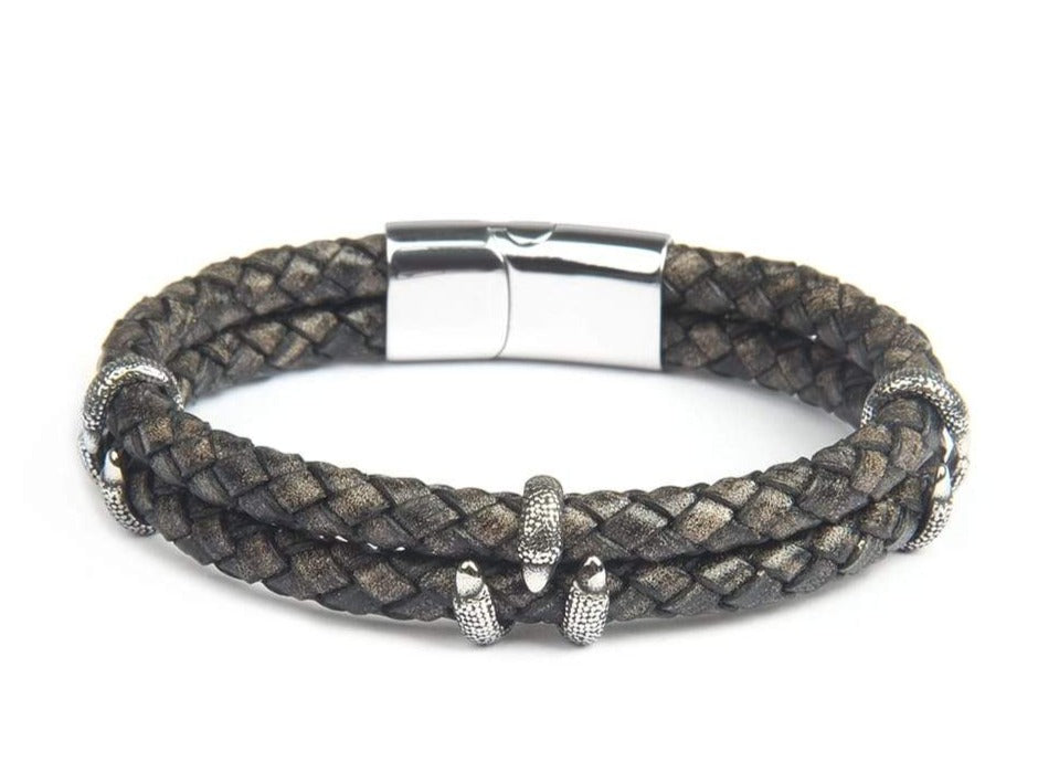 Gray Tuscan Leather Double Layer Silver Bracelet