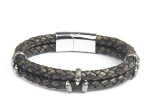 Gray Tuscan Leather Double Layer Silver Bracelet