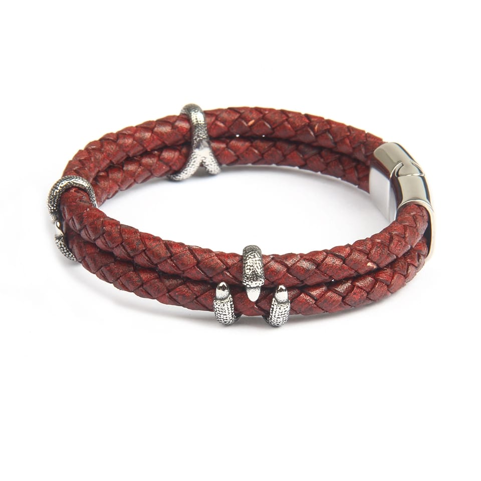 Crimson Tuscan Leather Double Layer Silver Bracelet