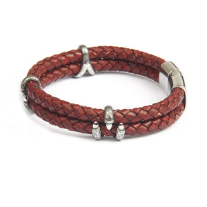 Crimson Tuscan Leather Double Layer Silver Bracelet