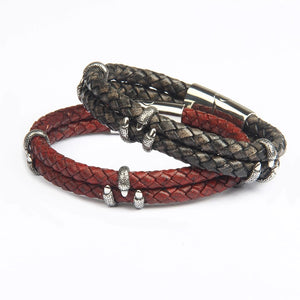 Crimson Tuscan Leather Double Layer Silver Bracelet