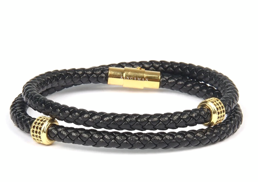 Gold Double Ring Leather Bracelet