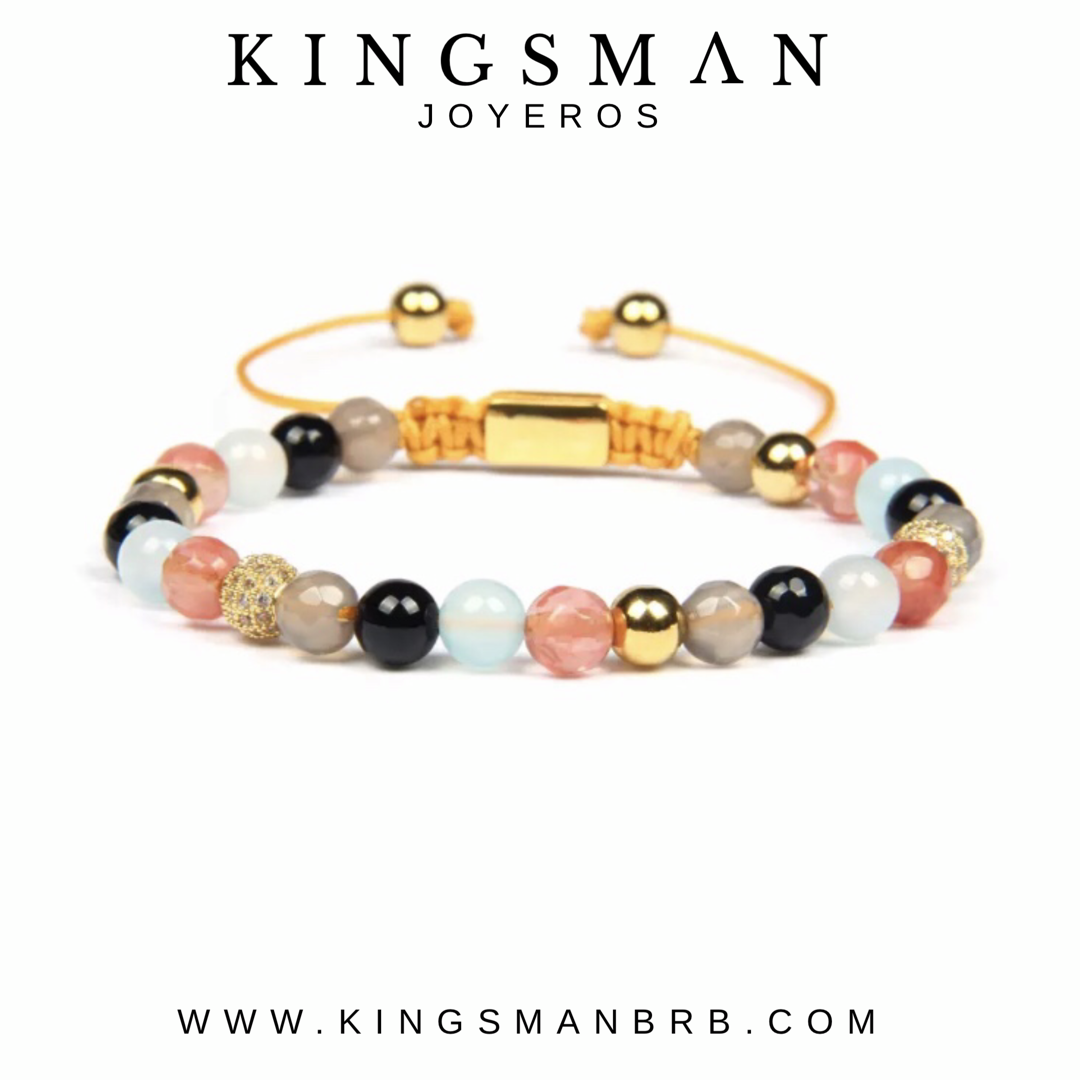 Cherry Quartz, Moonstone, Agata and Gold Bracelet
