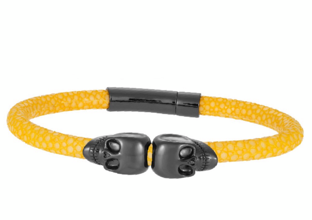 Rhodium Twin Skull Yellow Stingray Bracelet