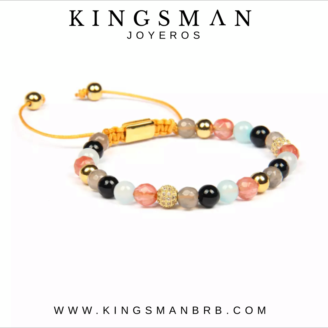 Cherry Quartz, Moonstone, Agata and Gold Bracelet