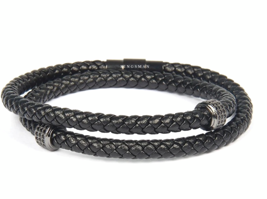 Rhodium Double Ring Leather Bracelet