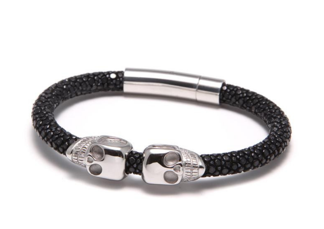 Silver Twin Skull Black Stingray Bracelet