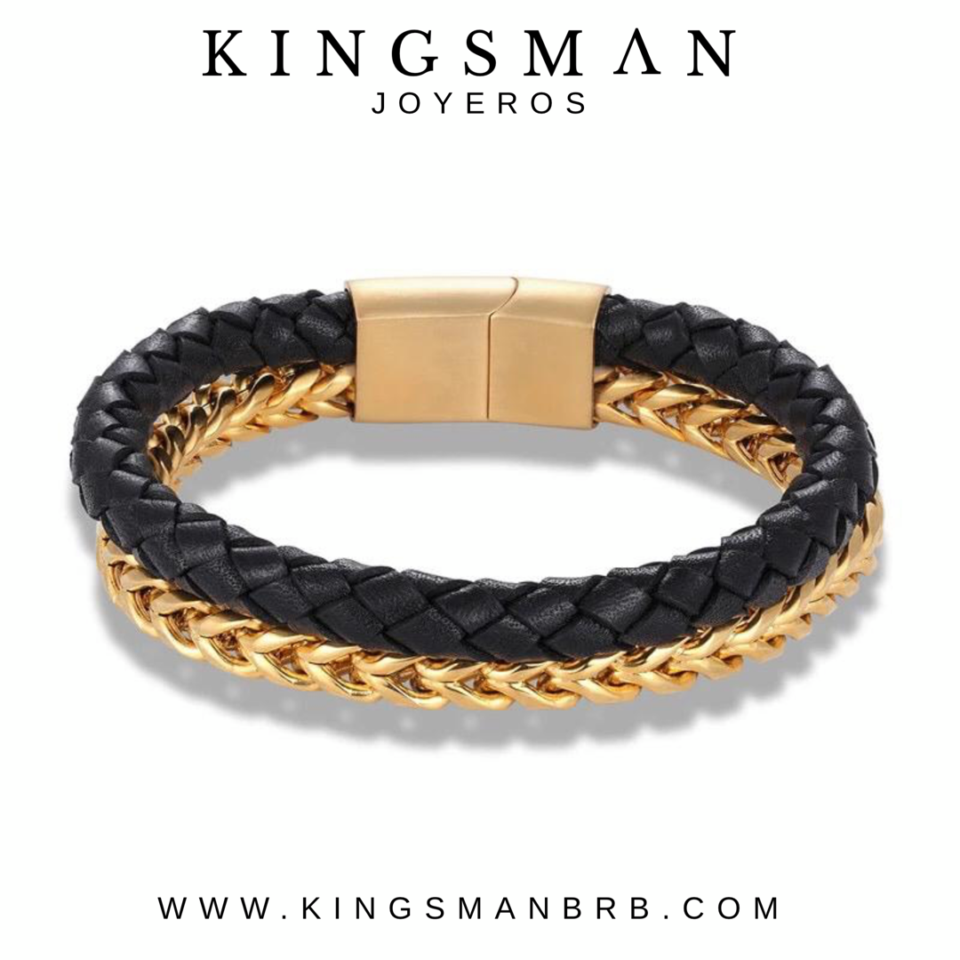Biker Black Leather and Gold Bracelet