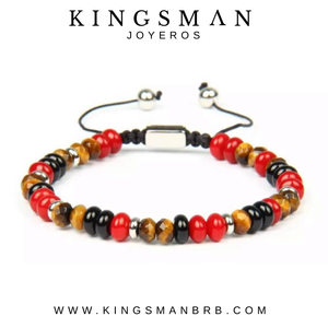 Red Jade and Tiger Eye Flatbead Silver Bracelet