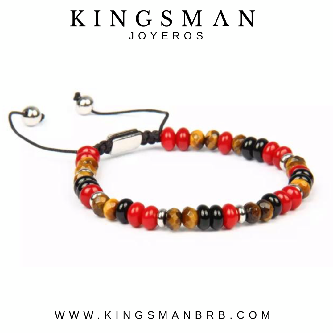 Red Jade and Tiger Eye Flatbead Silver Bracelet
