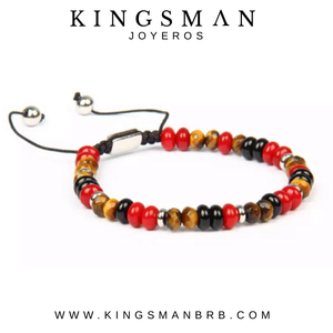 Red Jade and Tiger Eye Flatbead Silver Bracelet