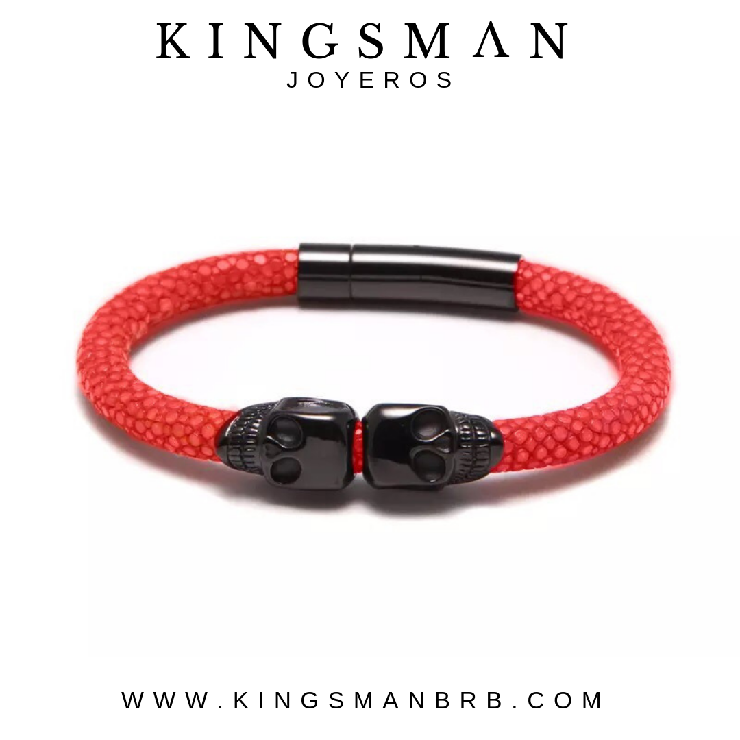 Rhodium Twin Skull Red Stingray Bracelet
