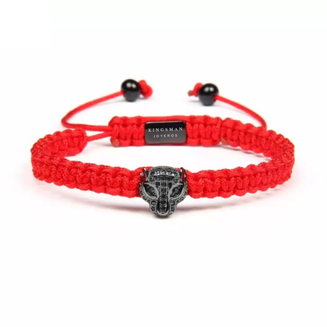 Black Jaguar and Red Macrame Bracelet
