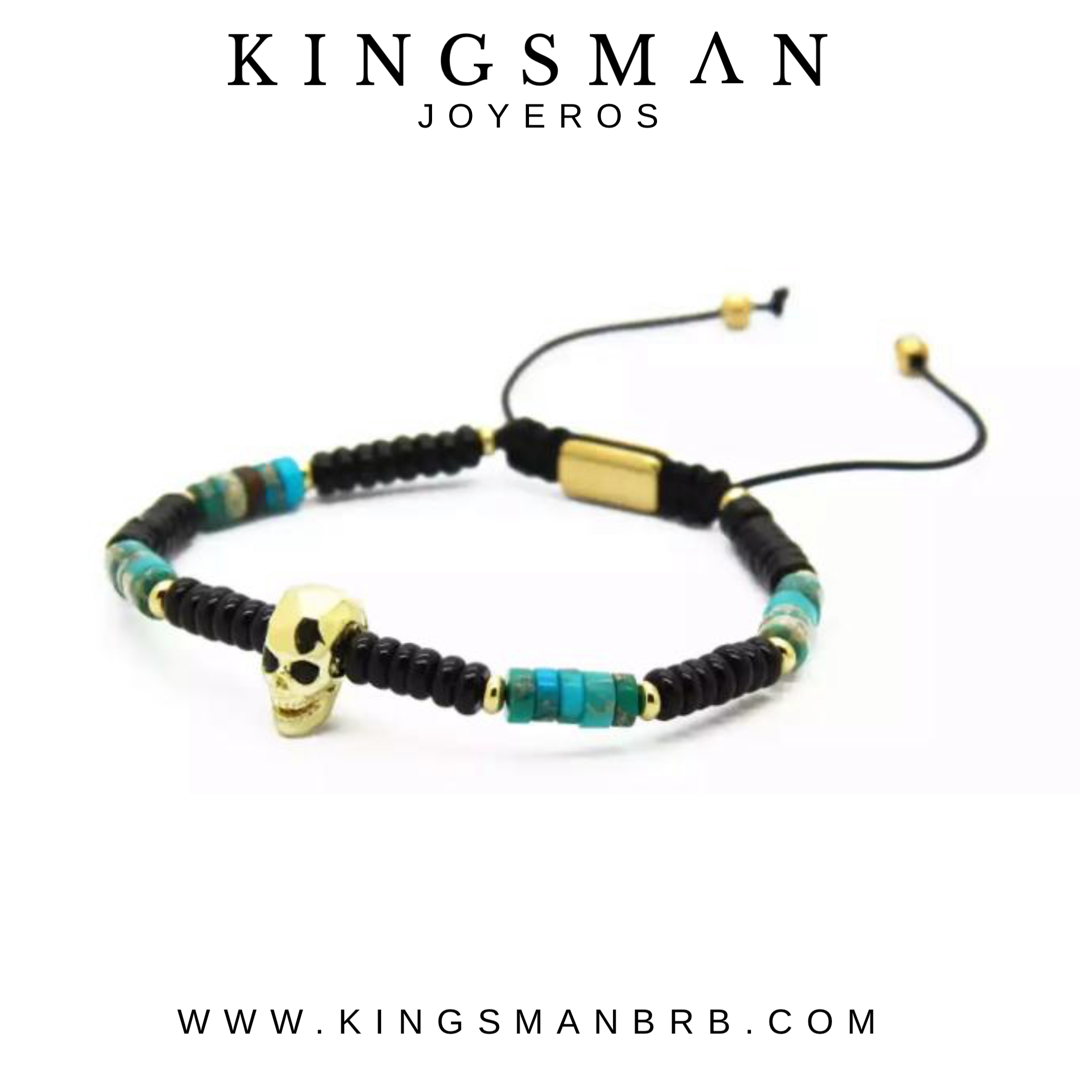 Faceted Gold Skull and Turquoise and Agata Bracelet