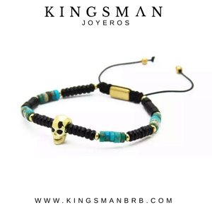 Faceted Gold Skull and Turquoise and Agata Bracelet
