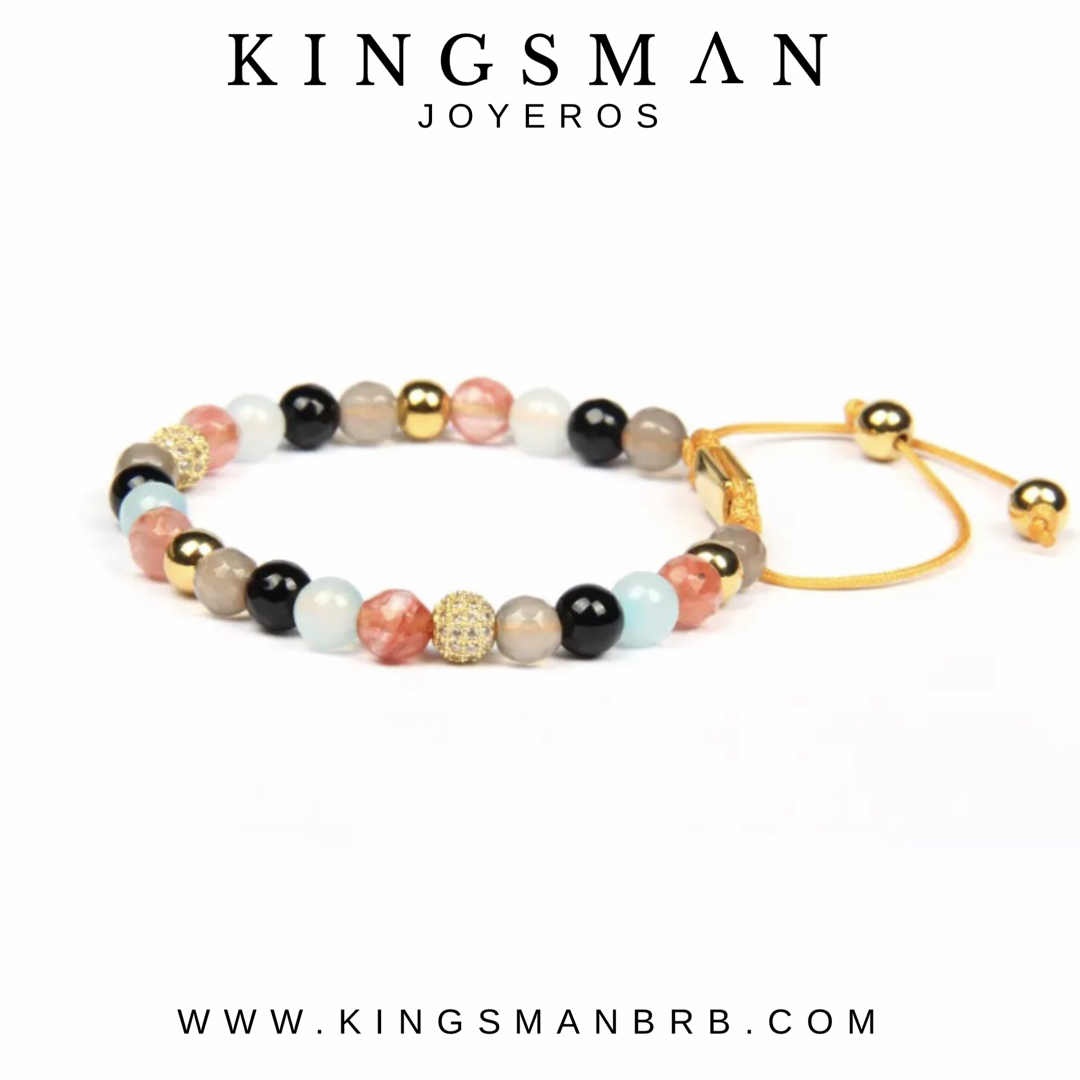 Cherry Quartz, Moonstone, Agata and Gold Bracelet