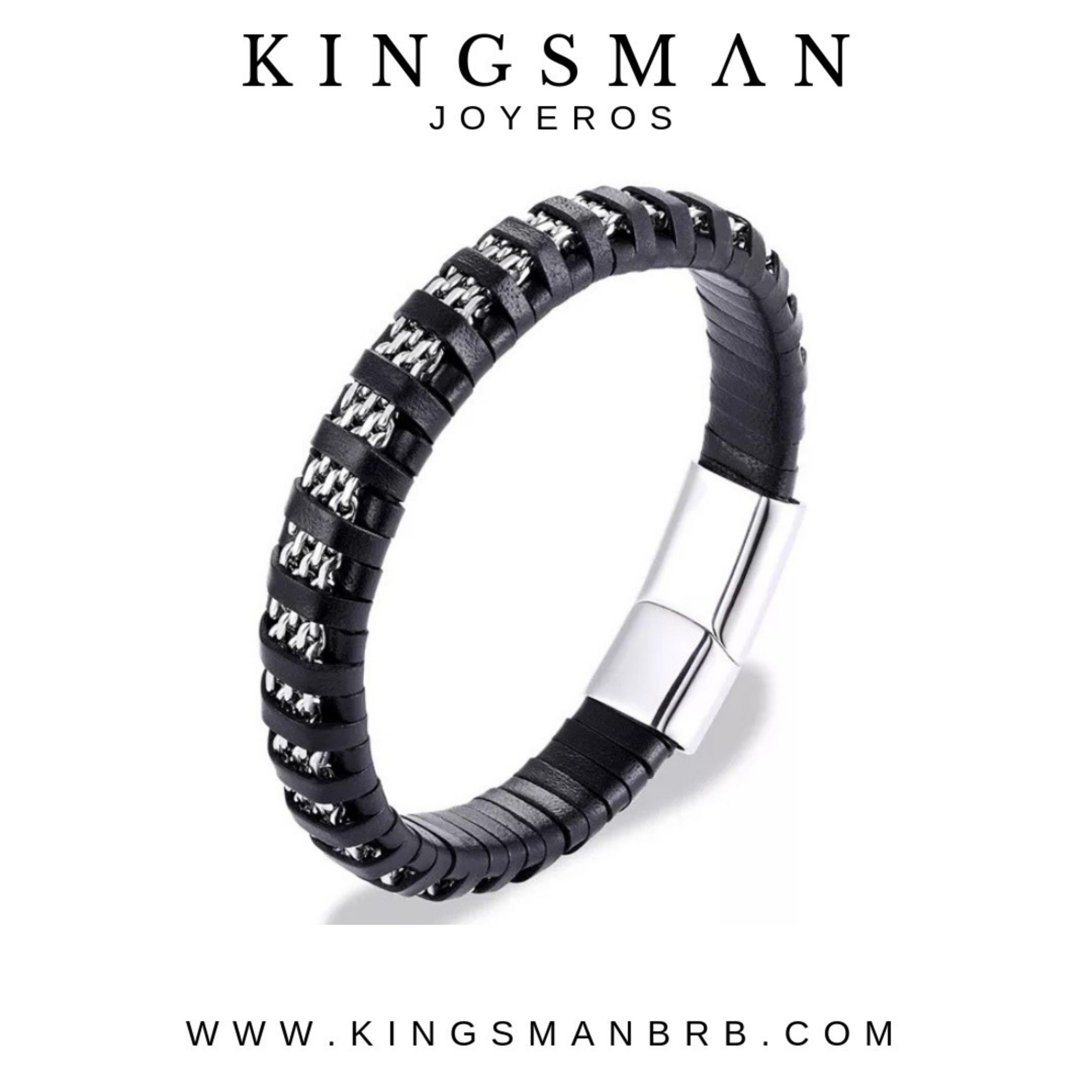 Black leather and Silver Chain Bracelet