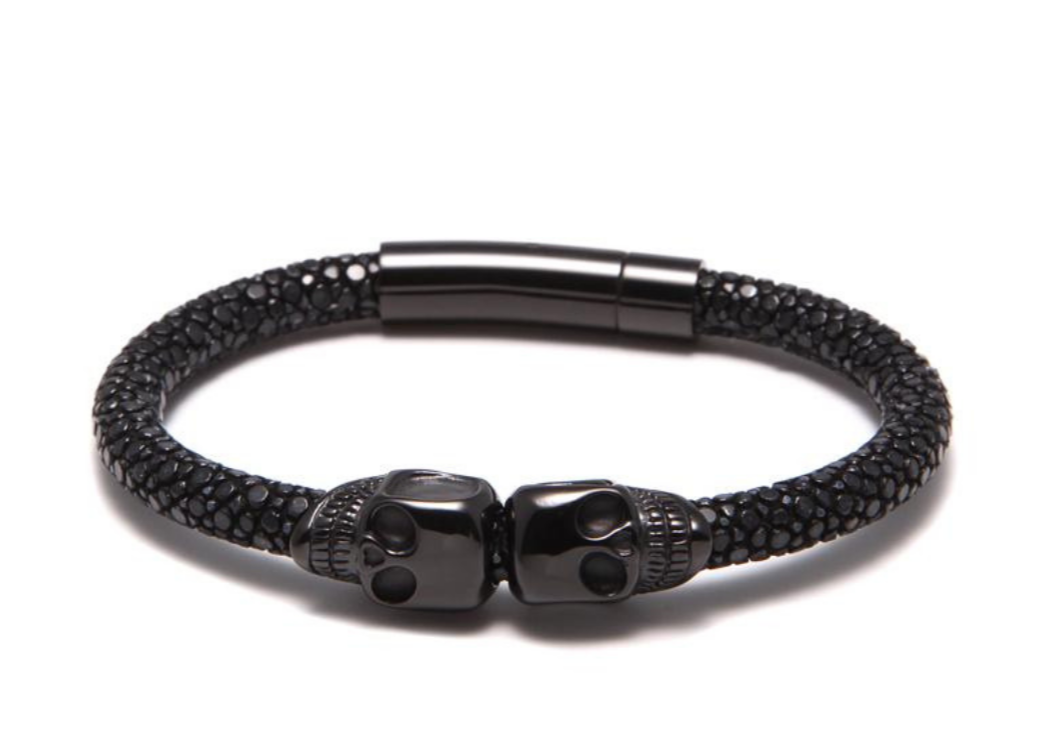 Rhodium Twin Skull Black Stingray Bracelet