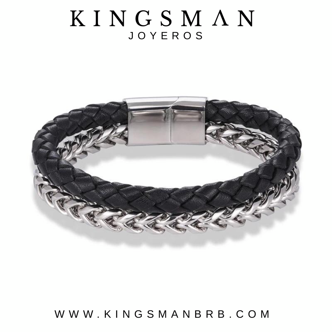 Biker Black Leather and Steel Bracelet