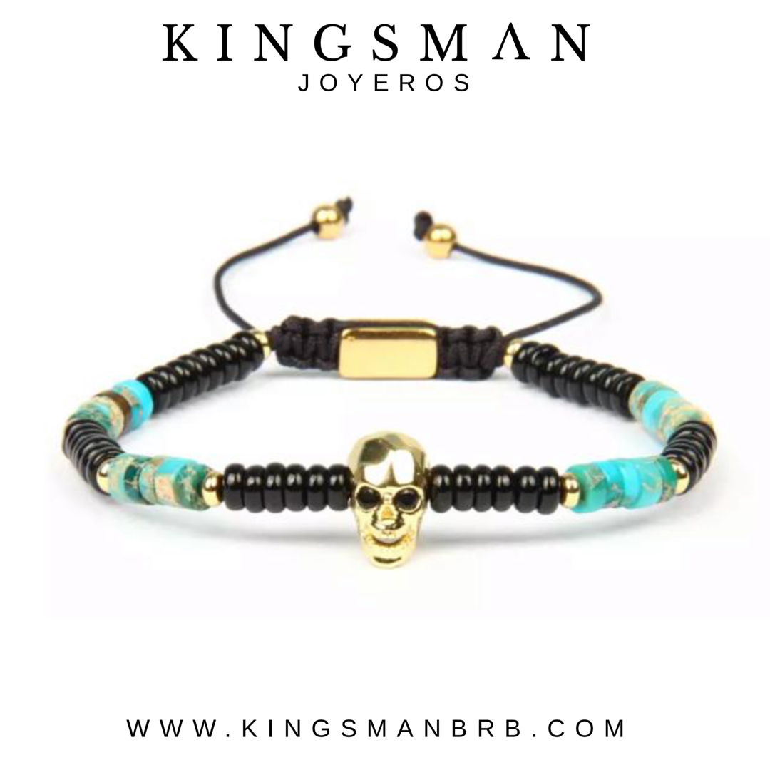 Faceted Gold Skull and Turquoise and Agata Bracelet