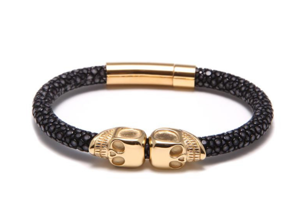 18K Gold Twin Skull Black Stingray Bracelet