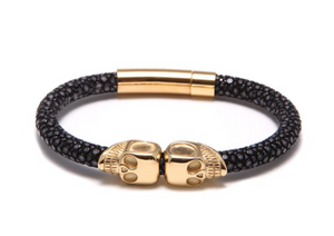 18K Gold Twin Skull Black Stingray Bracelet