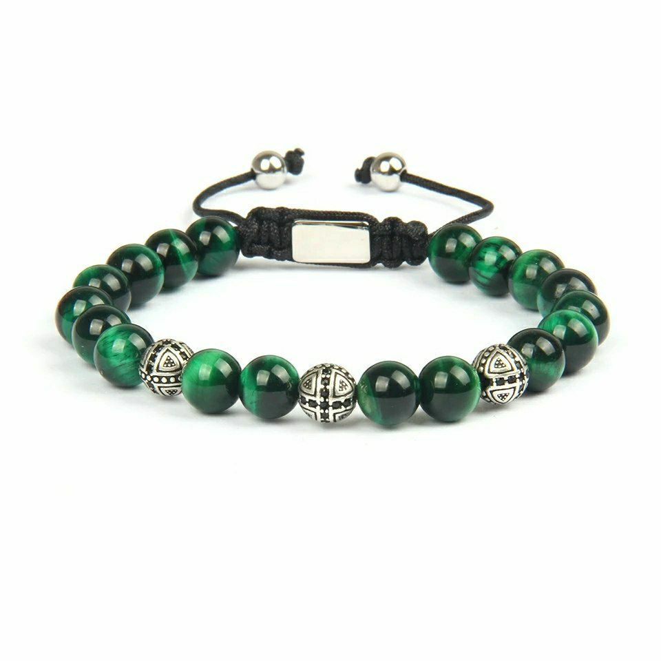 Green Tiger Eye Deep Cross Steel Bracelet