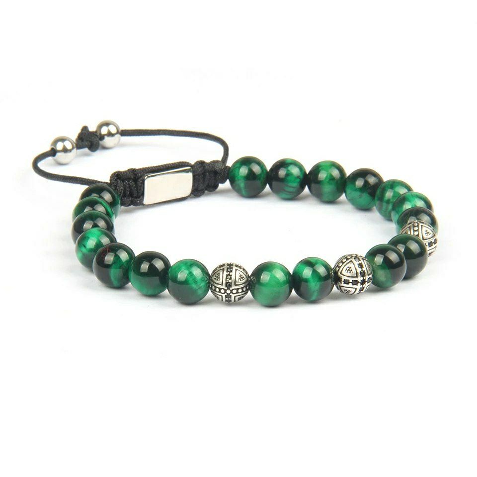 Green Tiger Eye Deep Cross Steel Bracelet